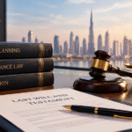 Will and succession lawyer in Dubai with estate planning documents, inheritance law books, a gavel and scales of justice