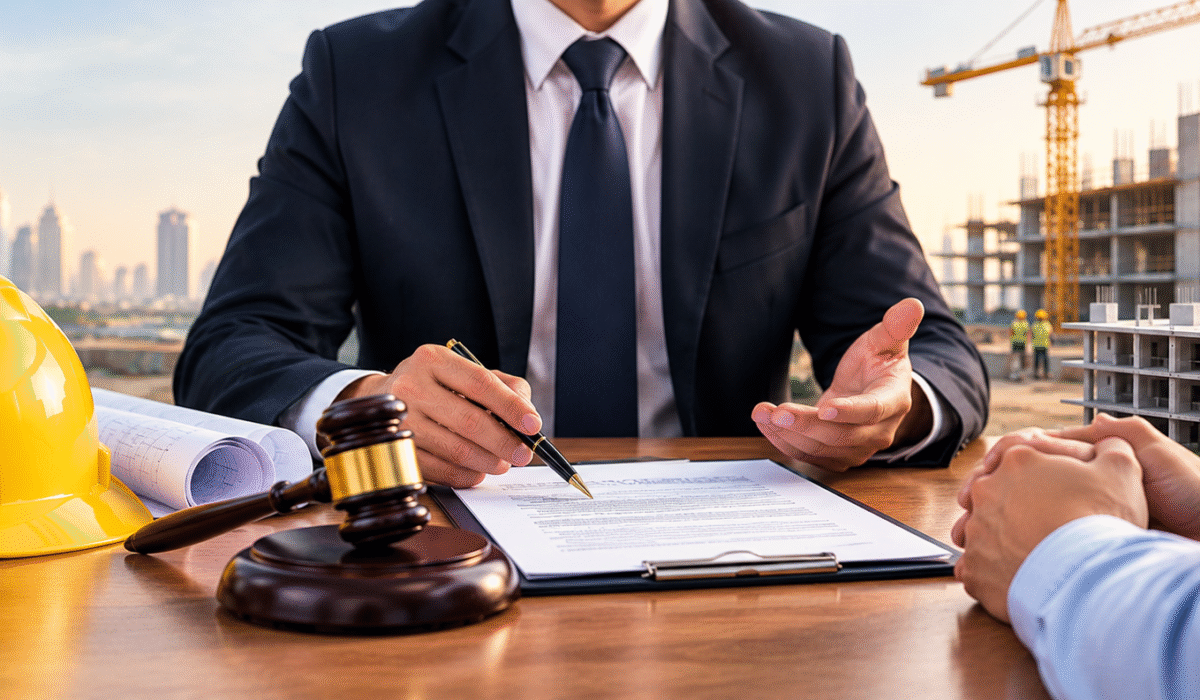 Construction dispute lawyer in Dubai reviewing building contracts, construction plans and legal documents