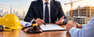 Construction dispute lawyer in Dubai reviewing building contracts, construction plans and legal documents